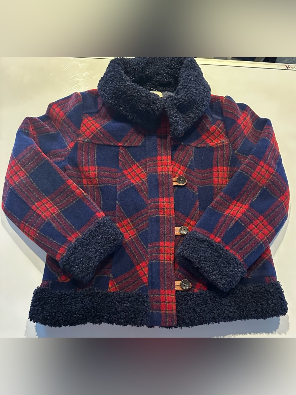 Sundance Womens Large Plaid Wool Blend Jacket Sherpa Collar Button Front Toggle